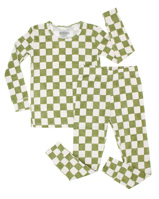 Orchard Checkered toddler bamboo pajamas in a soft olive green and ivory checkered print, shown in a flat lay.