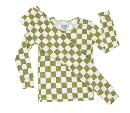 Orchard Checkered toddler bamboo pajamas in a soft olive green and ivory checkered print, shown in a flat lay.