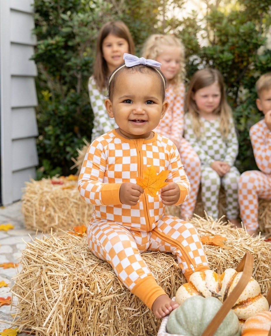 Baby wearing cozy Pumpkin Patch fall pajamas in a soft orange and ivory checkered bamboo print.