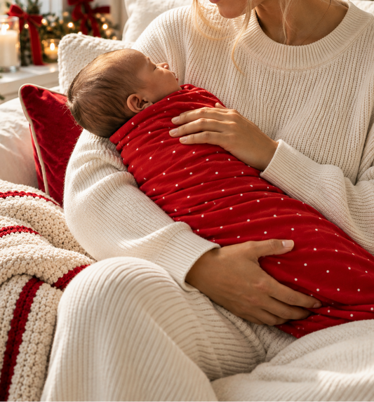 Mom holding newborn wrapped in Shae & Palmer Ruby Dot red bamboo baby blanket with white polka dots in a cozy holiday setting.