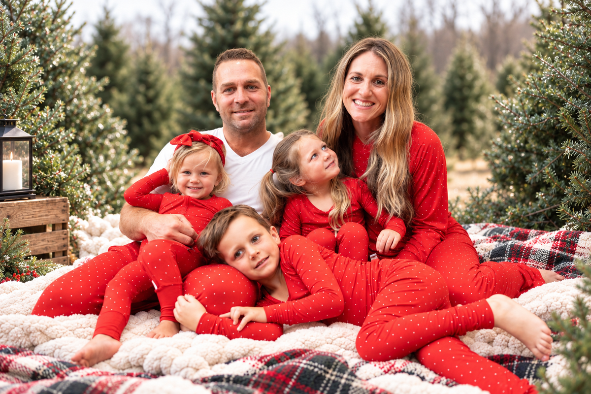 Family wearing matching Ruby Dot red bamboo Christmas pajamas for holiday family photos and Christmas morning