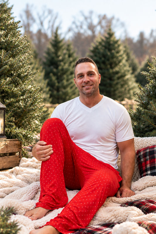 Men's Ruby Dot red bamboo Christmas pajamas with white dots for matching family holiday sleepwear