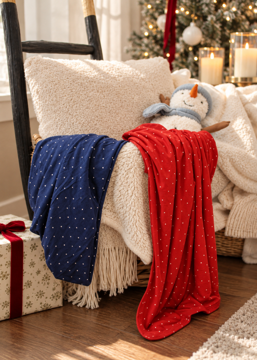 Shae & Palmer Ruby Dot red and Midnight Dot navy bamboo baby blankets styled in a cozy Christmas setting with white polka dots.