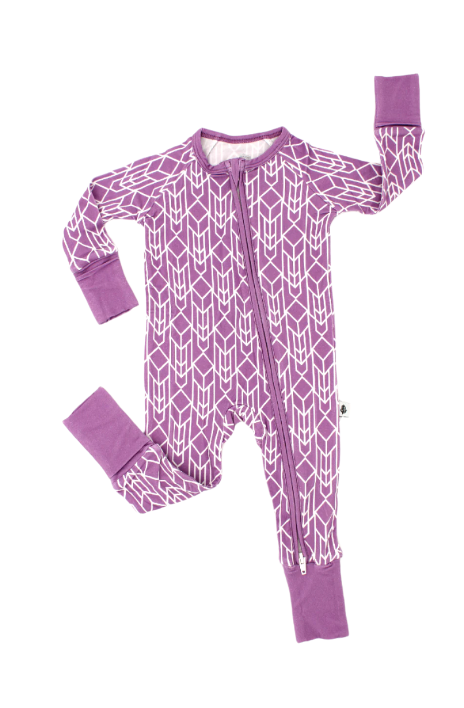 Shae & Palmer Runway Collection, bamboo baby zip romper in bold purple geometric print. Ultra-soft, breathable zip-up pajamas with double zipper for easy diaper changes and all-day comfort.