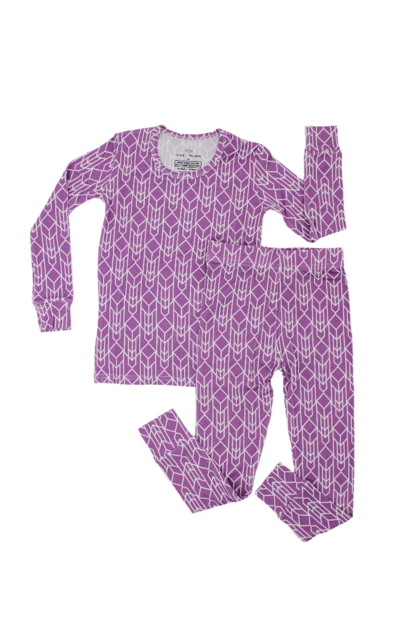 Shae & Palmer Runway Collection — bamboo toddler pajamas in bold Purple geometric print. Soft, breathable two-piece pajama set designed for stylish baby and toddler girls to sleep and play in comfort.