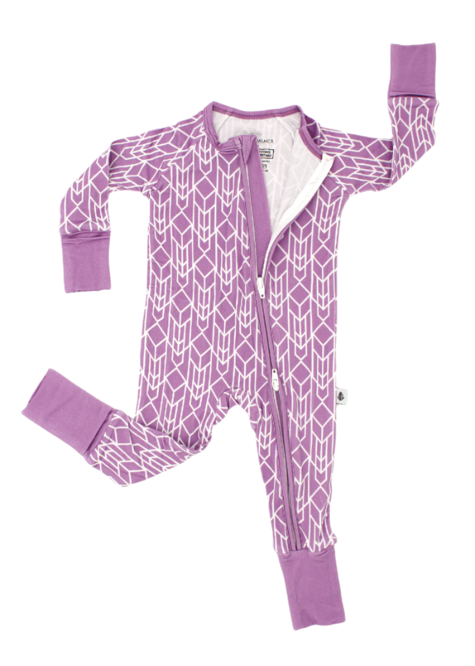 Shae & Palmer Runway Collection, bamboo baby zip romper in bold purple geometric print. Ultra-soft, breathable zip-up pajamas with double zipper for easy diaper changes and all-day comfort.