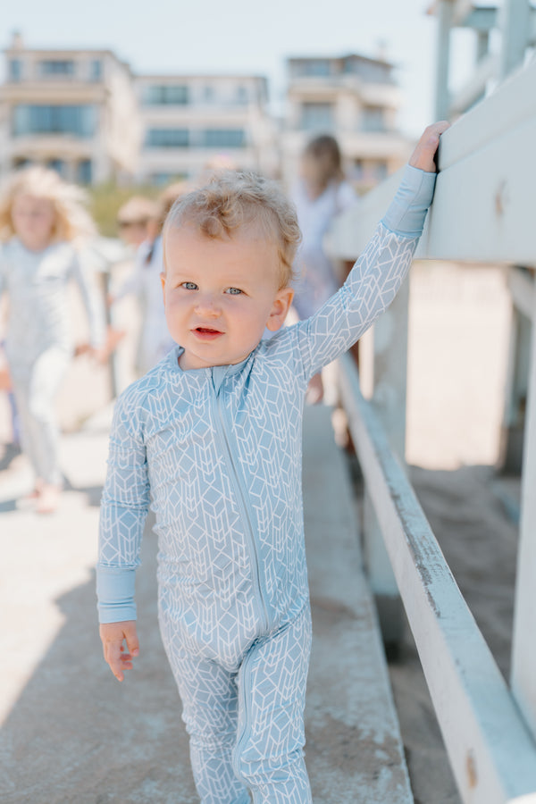 Bamboo toddler pajamas in modern stone blue geometric print — Shae & Palmer Runway Collection, ultra-soft and stylish sleepwear for baby and toddler boys or girls.