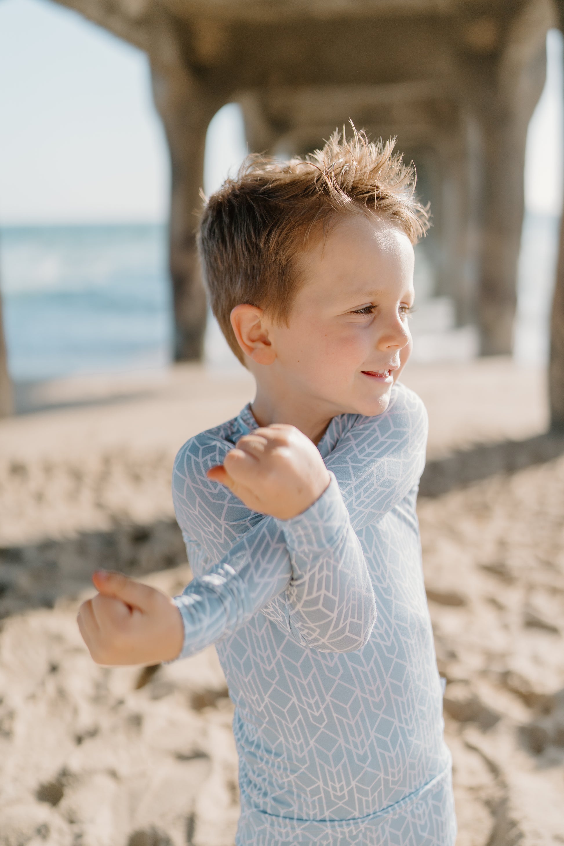 Bamboo toddler pajamas in modern stone blue and purple geometric print — Shae & Palmer Runway Collection, ultra-soft and stylish sleepwear for baby and toddler boys or girls.