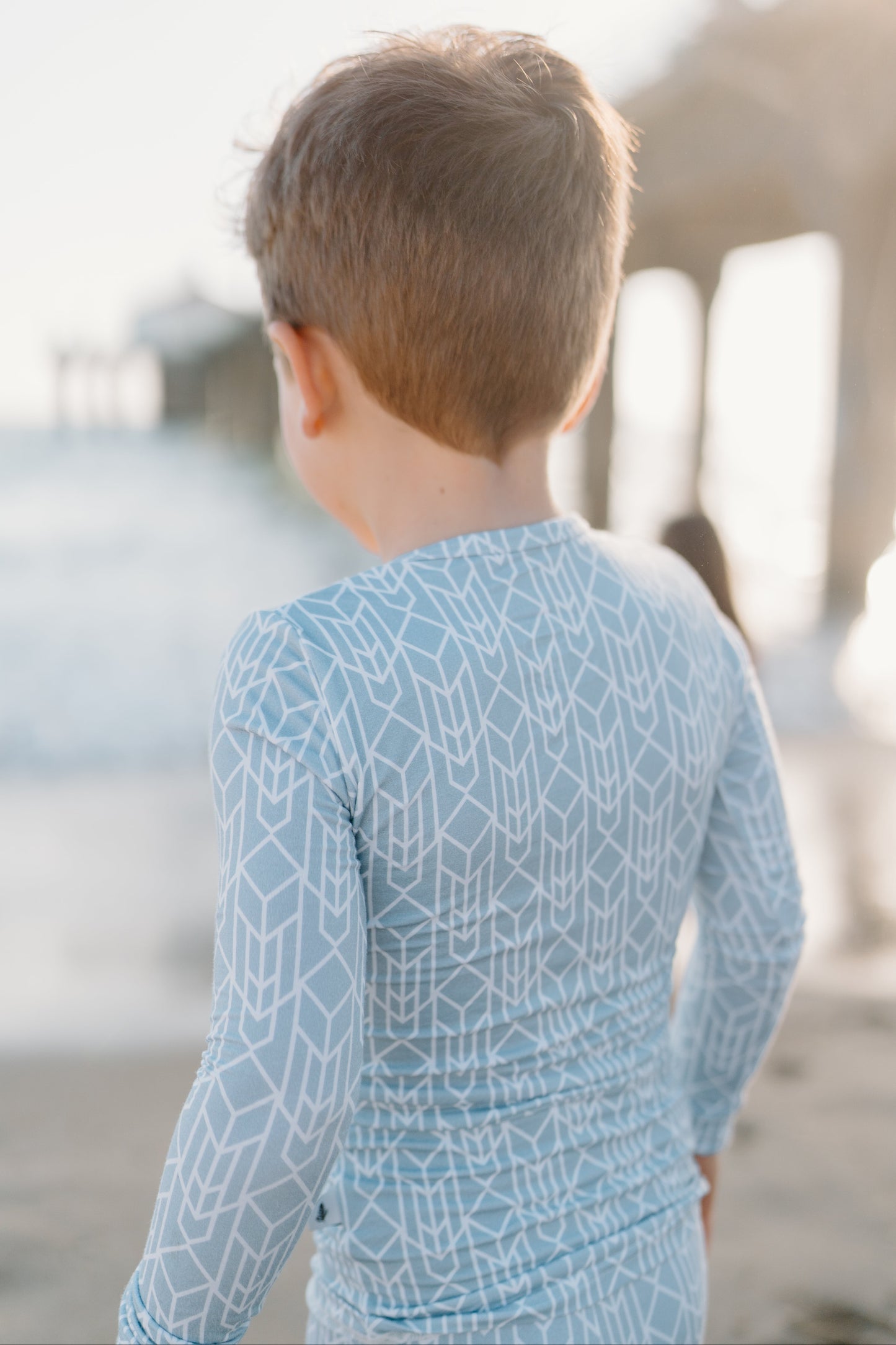 Bamboo toddler pajamas in modern stone blue geometric print — Shae & Palmer Runway Collection, ultra-soft and stylish sleepwear for baby and toddler boys or girls.