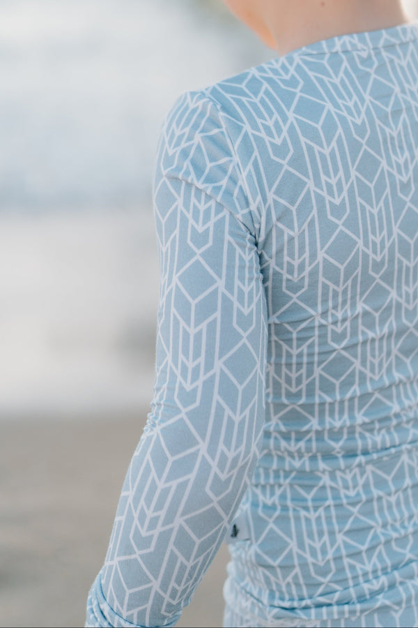 Bamboo toddler pajamas in modern stone blue geometric print — Shae & Palmer Runway Collection, ultra-soft and stylish sleepwear for baby and toddler boys or girls.