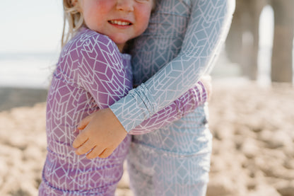 Bamboo toddler pajamas in modern stone blue and purple geometric print — Shae & Palmer Runway Collection, ultra-soft and stylish sleepwear for baby and toddler boys or girls.