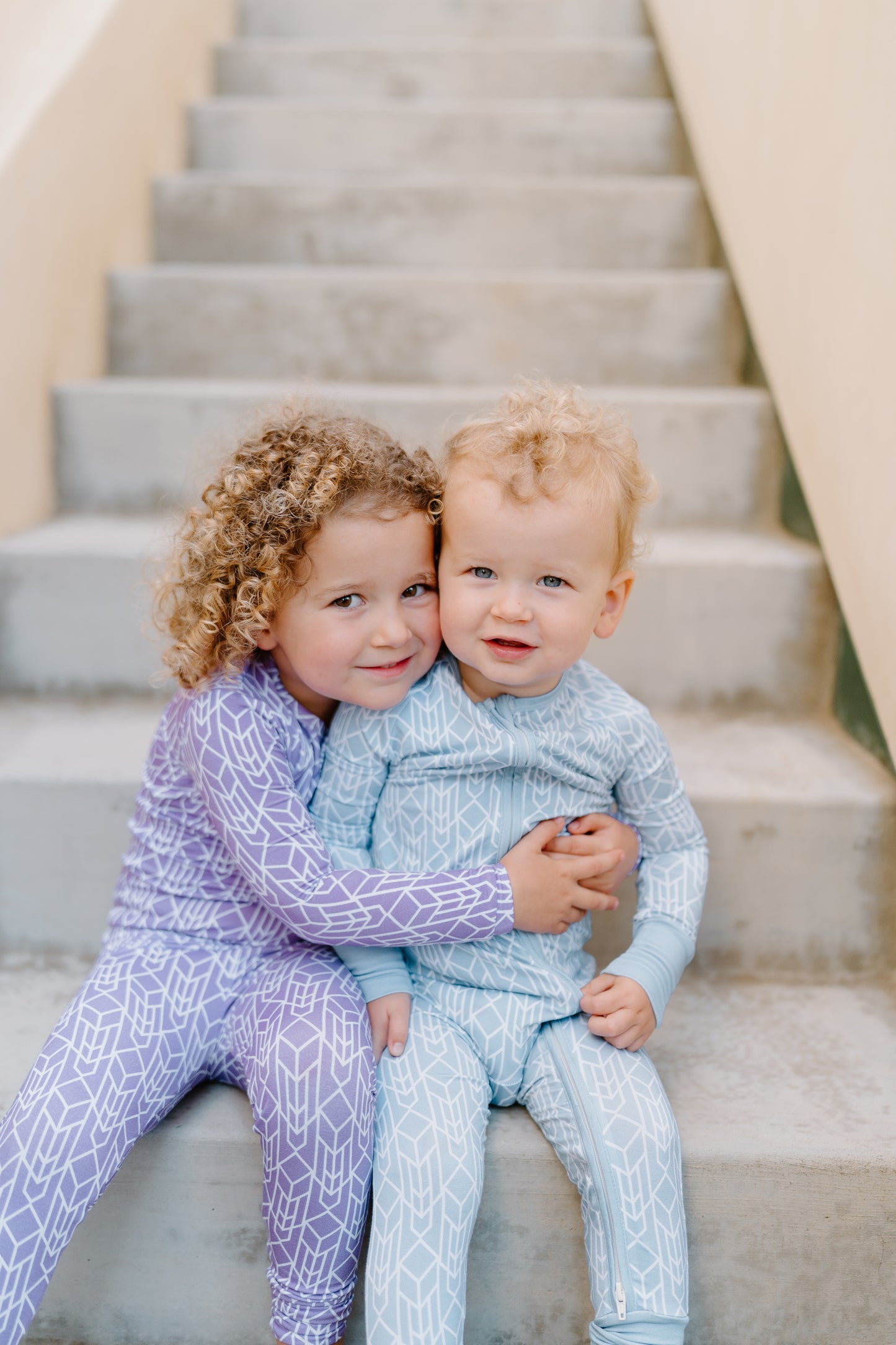Bamboo toddler pajamas in modern stone blue and purple geometric print — Shae & Palmer Runway Collection, ultra-soft and stylish sleepwear for baby and toddler boys or girls.