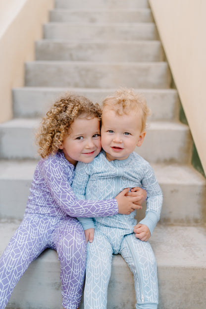 Bamboo toddler pajamas in modern stone blue and purple geometric print — Shae & Palmer Runway Collection, ultra-soft and stylish sleepwear for baby and toddler boys or girls.