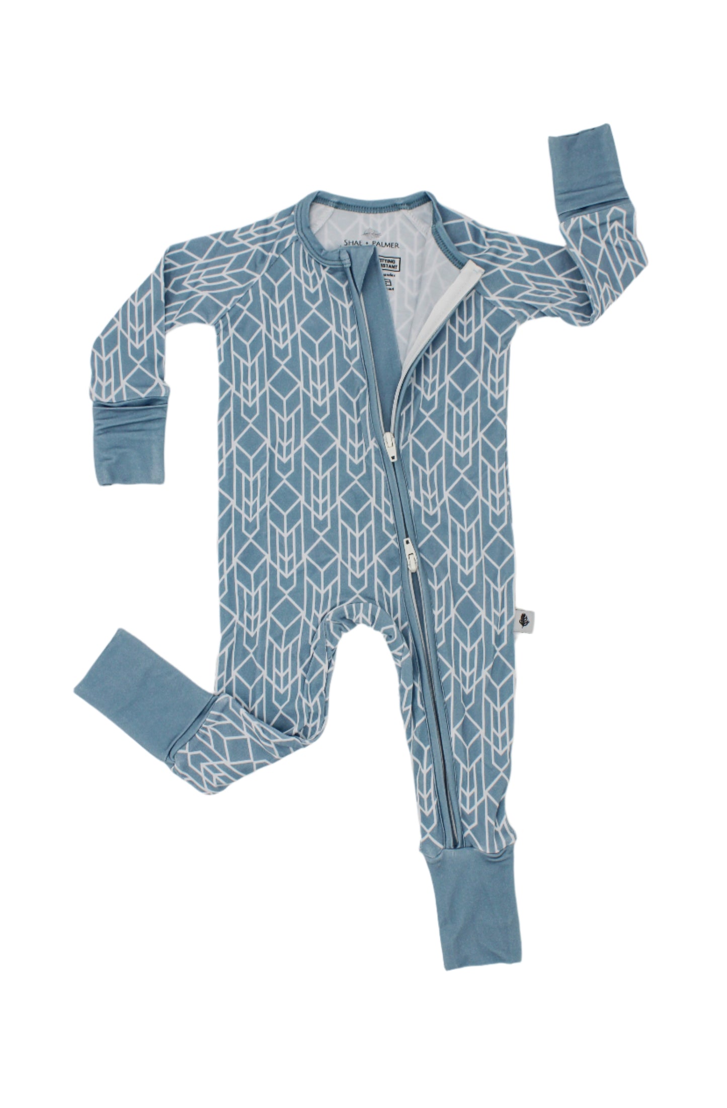 Shae & Palmer Runway Collection — bamboo baby zip romper in modern stone blue geometric print. Soft, breathable zip-up pajamas with double zipper for easy diaper changes, perfect for stylish baby boys or girls