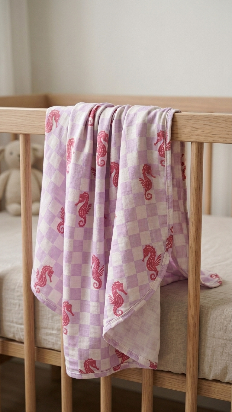 Ultra-soft bamboo baby blanket in Seahorse Splash print highlighting breathable and gentle fabric texture