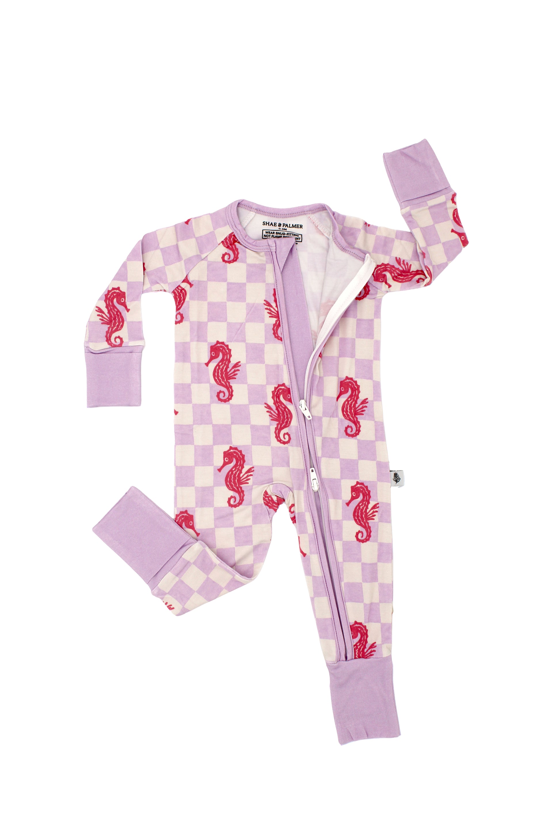 Luxury baby bamboo sleepwear in Seahorse Splash print with coral seahorses and lavender checkerboard, cozy breathable pajamas for infants