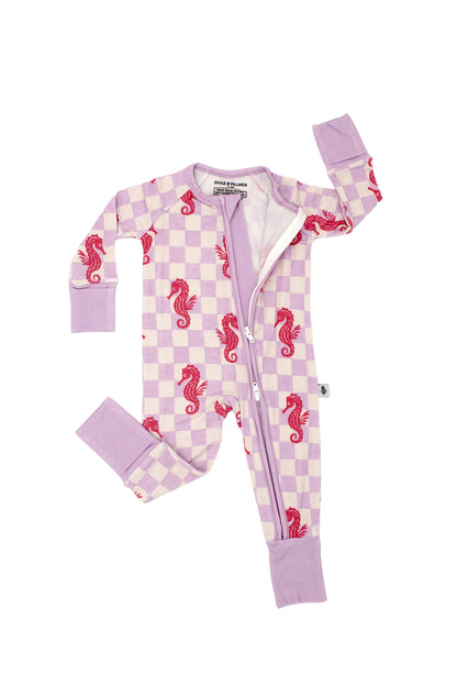 Luxury baby bamboo sleepwear in Seahorse Splash print with coral seahorses and lavender checkerboard, cozy breathable pajamas for infants