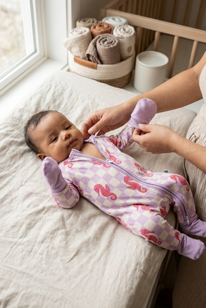 Close-up of Seahorse Splash baby bamboo pajamas with double zipper, coral seahorse print on lavender check, soft and temperature regulating fabric