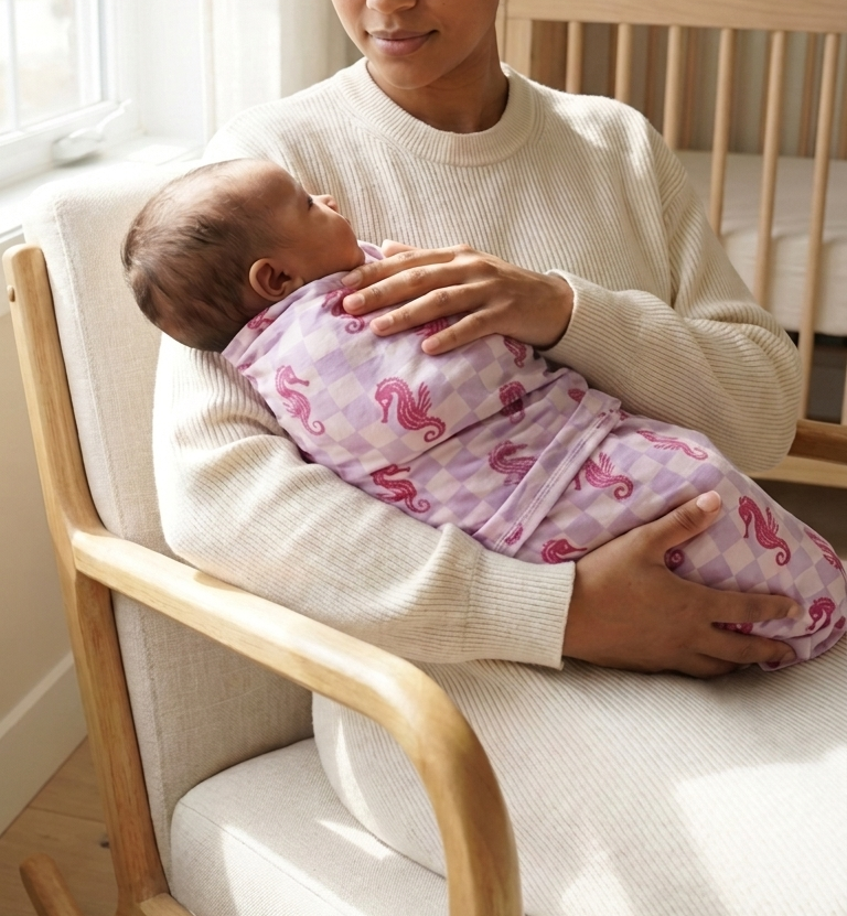 Seahorse Splash bamboo baby blanket with lavender checkered pattern and coral seahorse print soft and breathable