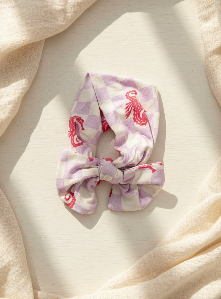 Baby wearing Seahorse Splash bamboo headband by Shae & Palmer with coral seahorse print on lavender checkerboard, soft, breathable, and stretchy for sensitive skin