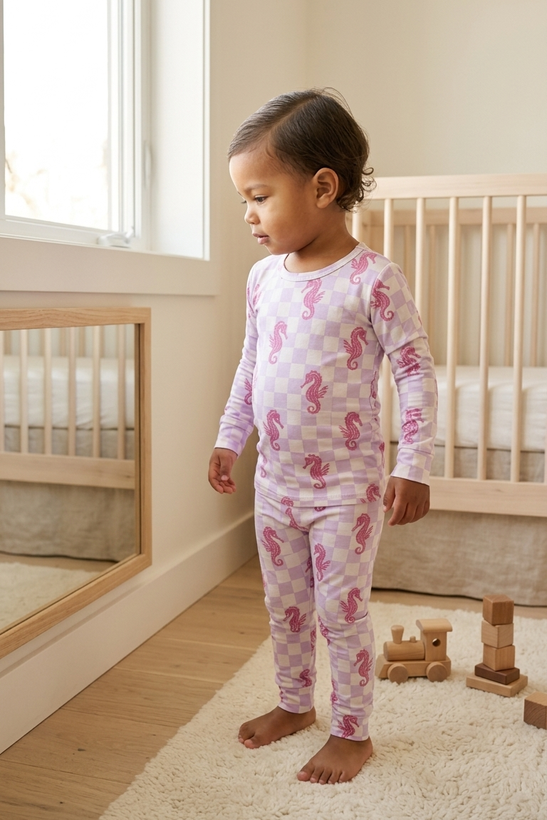 Soft bamboo toddler pajamas in Seahorse Splash print highlighting breathable and stretchy fabric texture