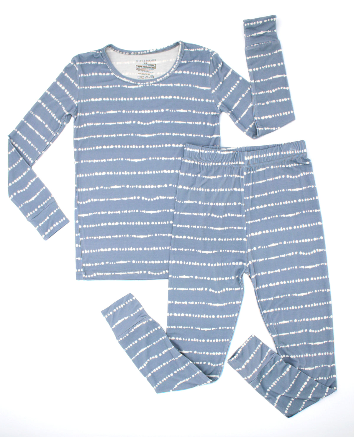 Blue Raspberry Stripe bamboo two-piece pajama set laid flat, long sleeve top and pants