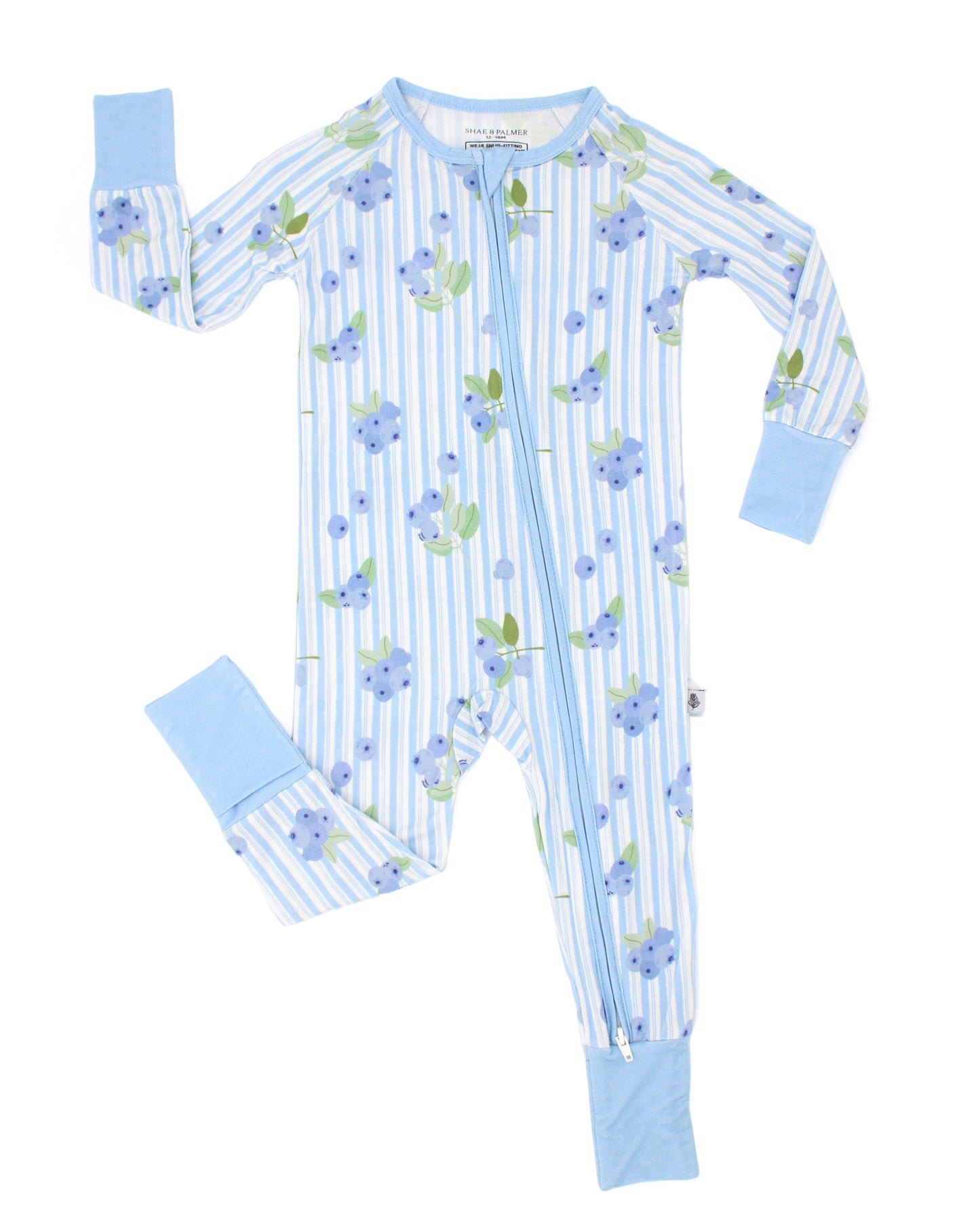 Blueberry Lane baby romper flat lay, bamboo sleepwear with blueberry print and vintage blue and white stripes