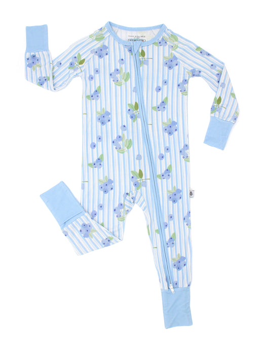 Blueberry Lane baby romper flat lay, bamboo sleepwear with blueberry print and vintage blue and white stripes