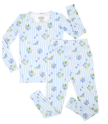 Shae & Palmer Blueberry Lane two-piece pajama set for big kids — soft blue and white stripe bamboo fabric with a hand-painted blueberry print, long-sleeve top and matching pants laid flat