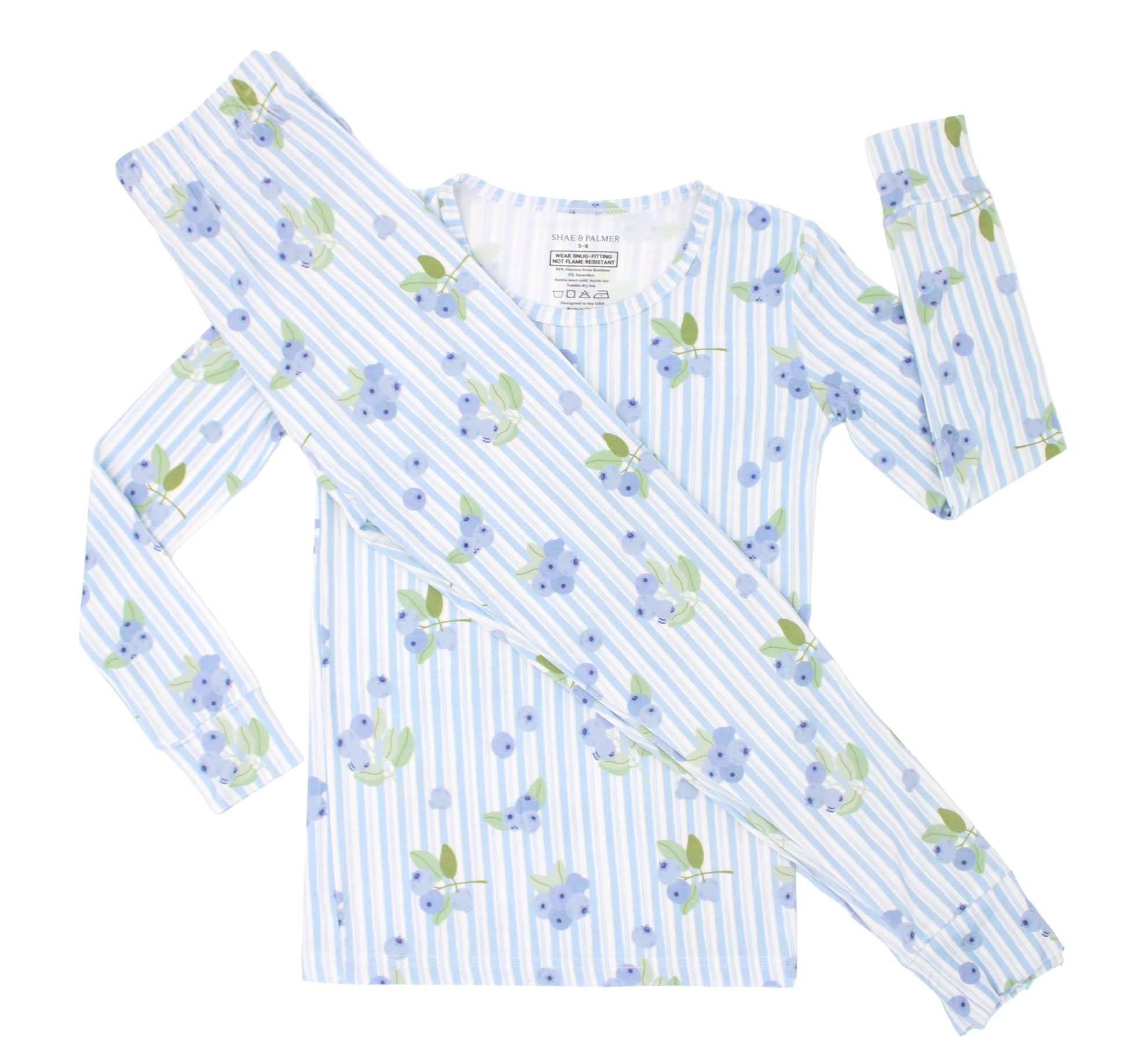 Shae & Palmer Blueberry Lane pajama set for toddlers — soft blue and white stripe bamboo fabric with a hand-painted blueberry print, long-sleeve top and pants laid flat