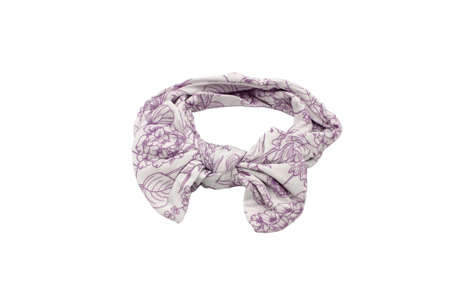 Shae & Palmer Botanical Amethyst Purple bamboo baby headband featuring delicate floral details in a soft purple hue.