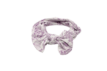 Shae & Palmer Botanical Amethyst Purple bamboo baby headband featuring delicate floral details in a soft purple hue.