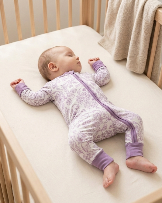Botanical Lavender bamboo baby romper by Shae & Palmer featuring a delicate floral print, ultra-soft, breathable, and temperature-regulating sleepwear for babies