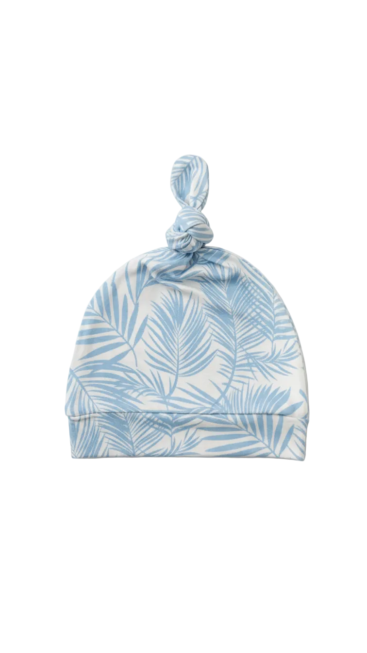 Shae & Palmer Cali Coastal Baby Blue bamboo baby hat with soft palm leaf print, breathable newborn hat made from ultra soft bamboo fabric