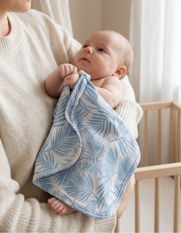 Shae & Palmer Cali Coastal Baby Blue bamboo lovey with palm leaf print and pacifier holder loop, soft breathable security blanket for babies