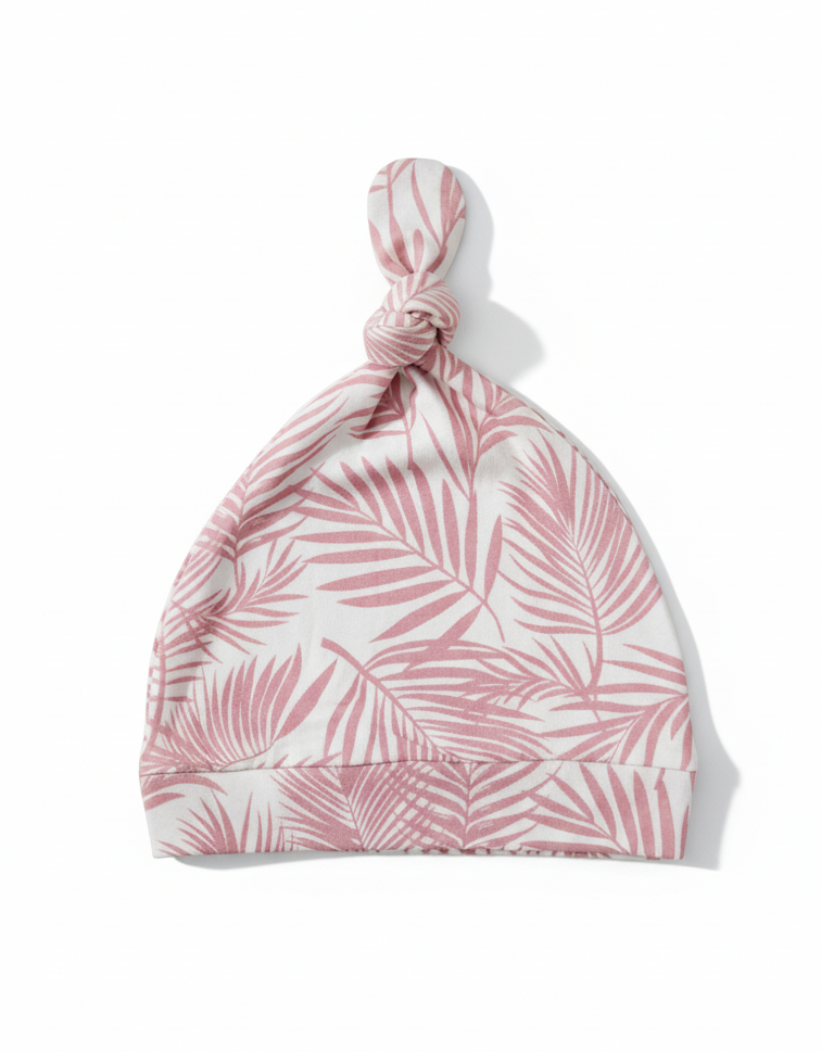 Shae & Palmer Cali Coastal Pink bamboo baby hat with playful palm leaf print made from ultra-soft breathable bamboo fabric