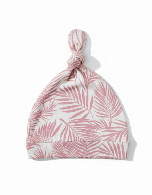 Shae & Palmer Cali Coastal Pink bamboo baby hat with playful palm leaf print made from ultra-soft breathable bamboo fabric