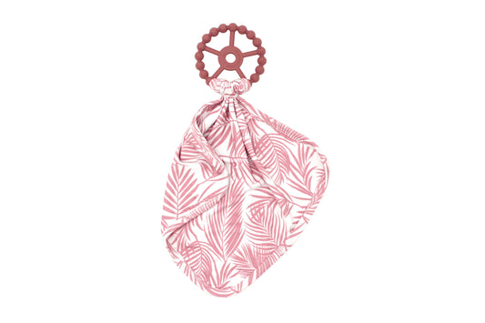 Shae & Palmer Cali Coastal Pink bamboo baby lovey with pacifier holder featuring soft pink palm leaf print.