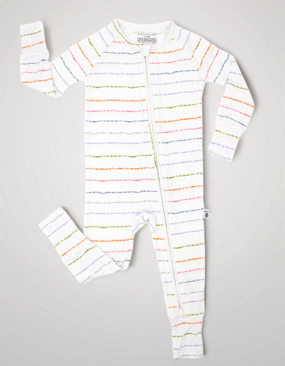 Confetti Stripe bamboo baby zipper romper from Shae & Palmer styled in a flat lay