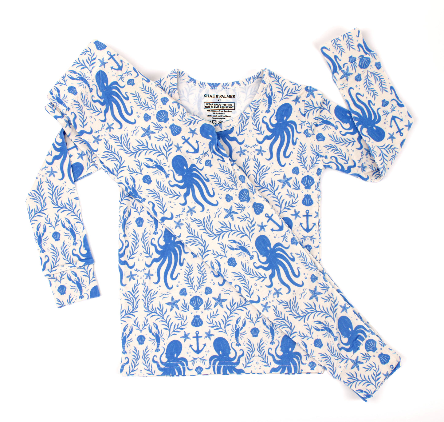 Shae & Palmer Hidden Ocean Treasures toddler bamboo pajamas featuring ocean animals and coastal details in soft blue bamboo fabric