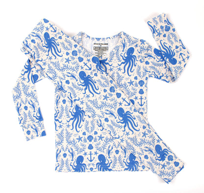 Shae & Palmer Hidden Ocean Treasures toddler bamboo pajamas featuring ocean animals and coastal details in soft blue bamboo fabric