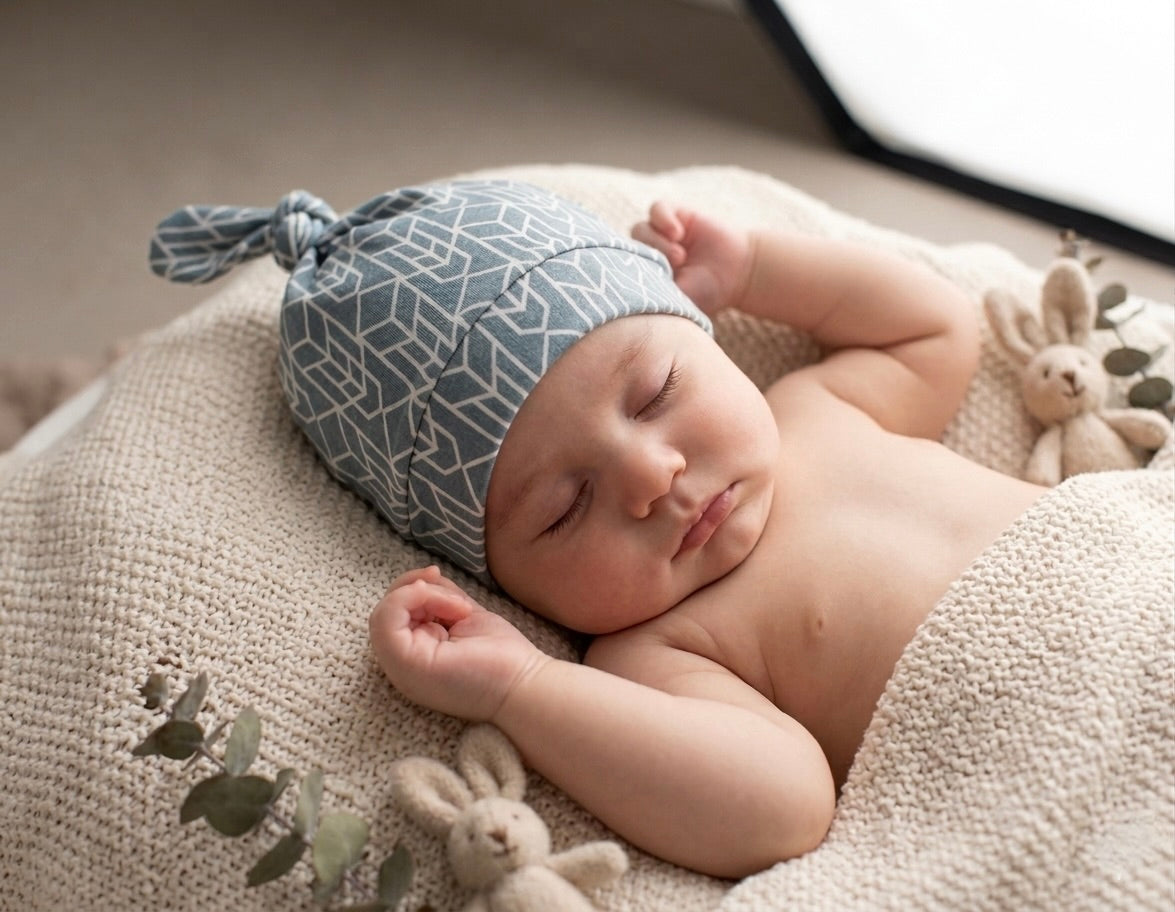 Close-up of Shae & Palmer Runway bamboo baby hat showing soft breathable bamboo fabric and modern print