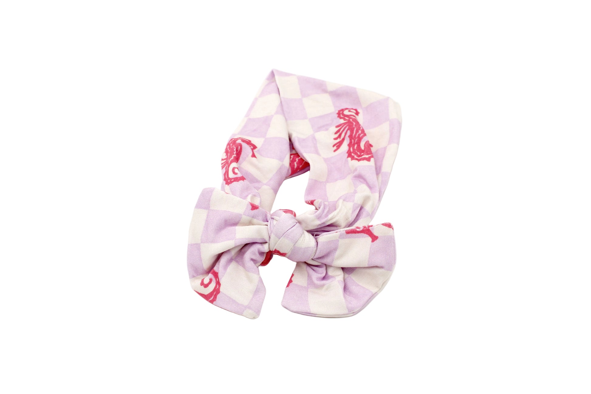 Shae & Palmer Seahorse Splash bamboo baby headband featuring coral seahorse print on lavender checkerboard soft bamboo fabric