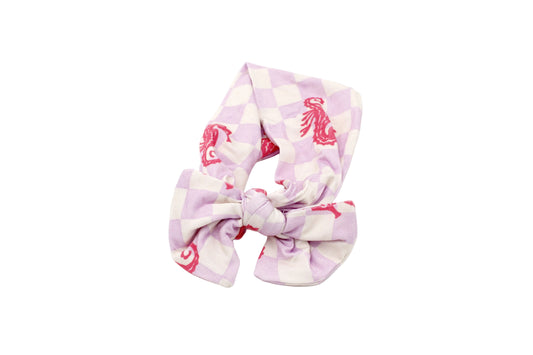 Shae & Palmer Seahorse Splash bamboo baby headband featuring coral seahorse print on lavender checkerboard soft bamboo fabric