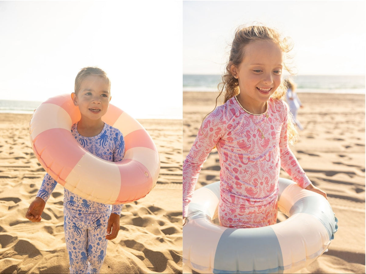 Summer bestsellers Hidden Ocean Treasures and Mermaid Cove bamboo pajamas for boys and girls on the beach