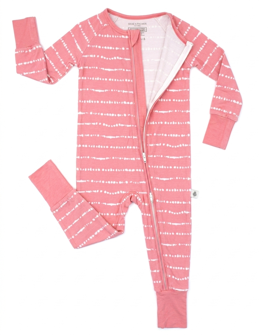 Watermelon Blush Stripe bamboo zip romper laid flat, unzipped to show two-way zipper