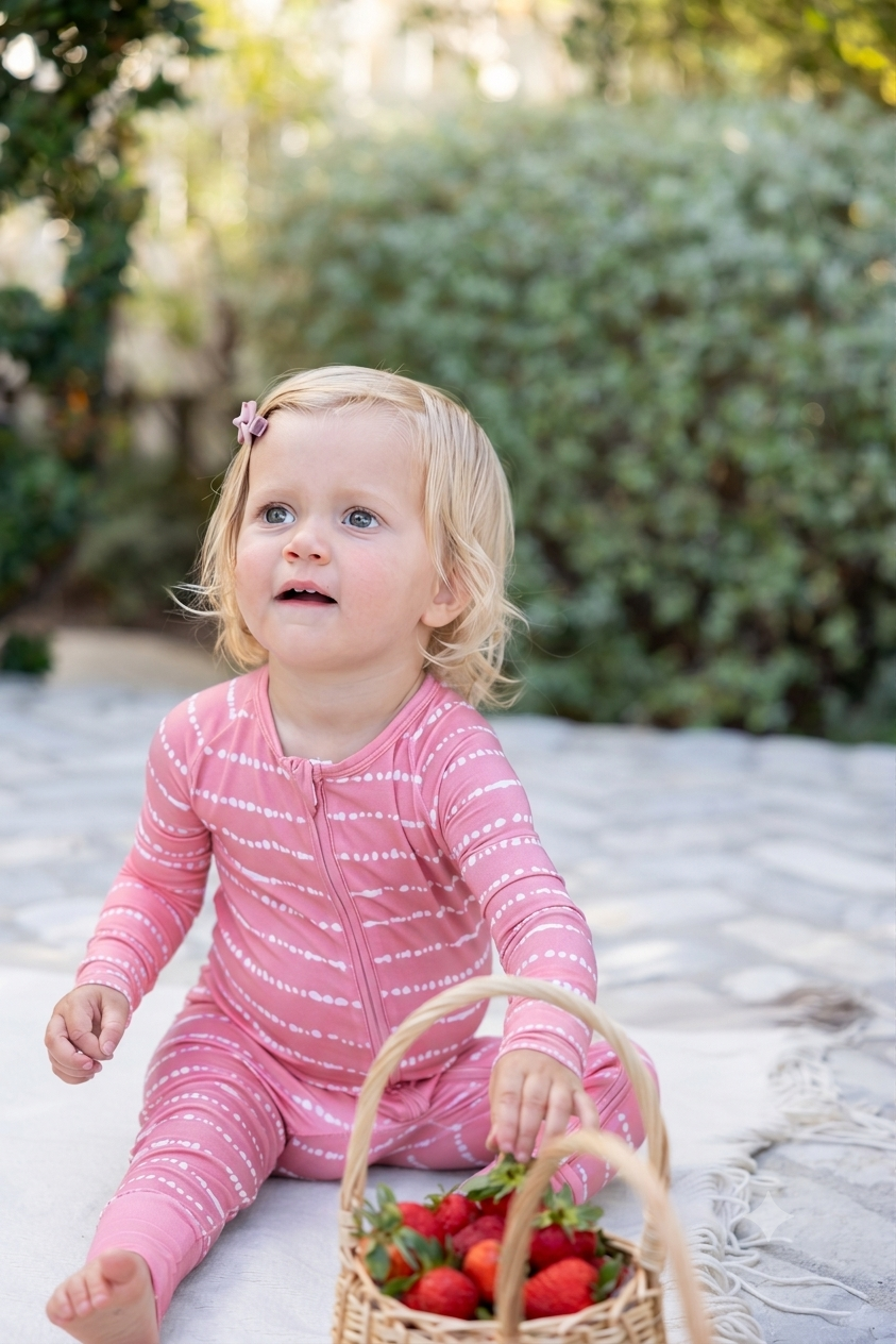 Toddler girl in Watermelon Blush Stripe bamboo zip pajamas picking strawberries outdoors