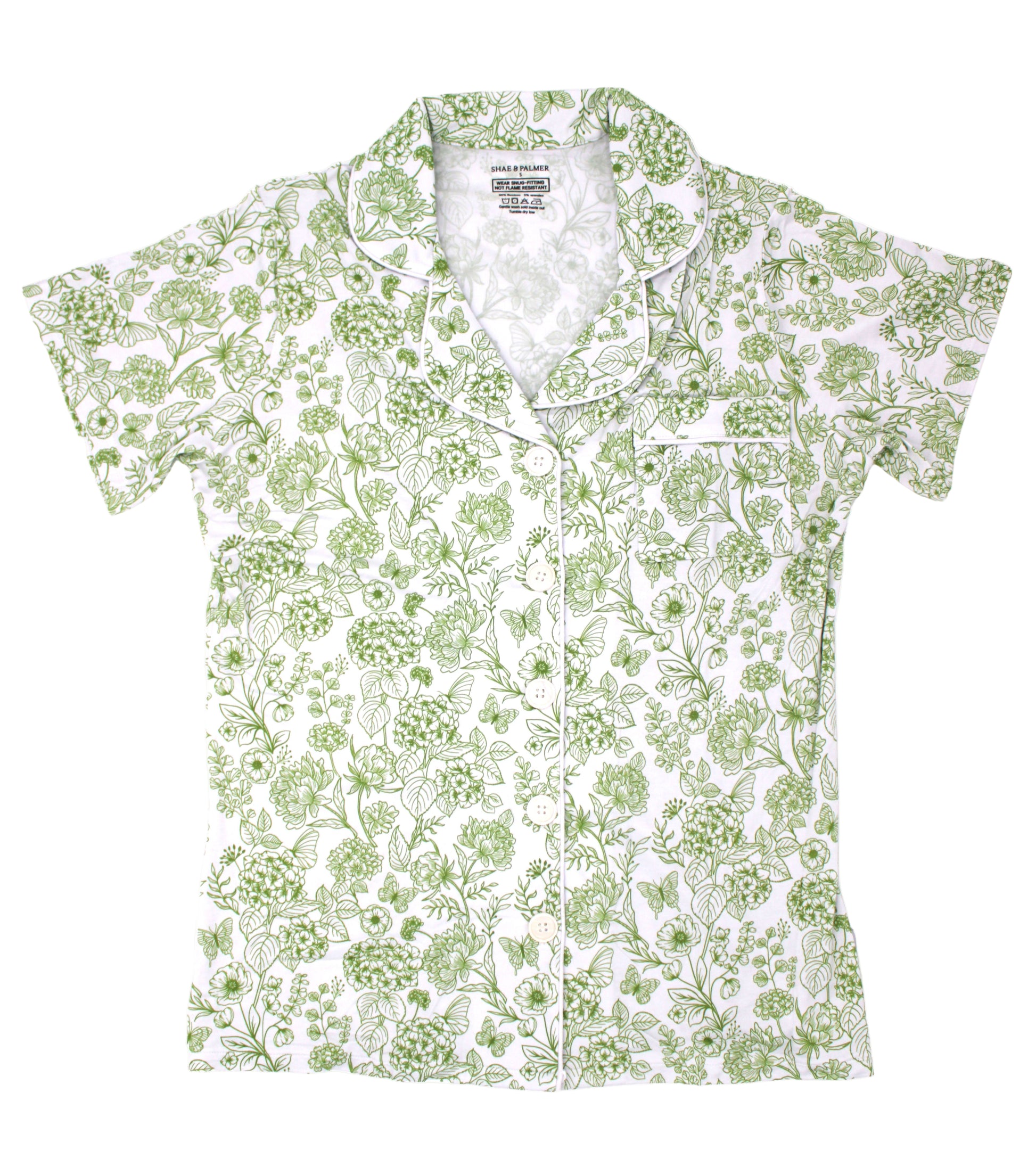Women’s Botanical Collection bamboo pajama set in Moss Green by Shae & Palmer — buttery-soft, eco-friendly bamboo sleepwear with delicate green floral pattern.