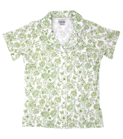 Women’s Botanical Collection bamboo pajama set in Moss Green by Shae & Palmer — buttery-soft, eco-friendly bamboo sleepwear with delicate green floral pattern.