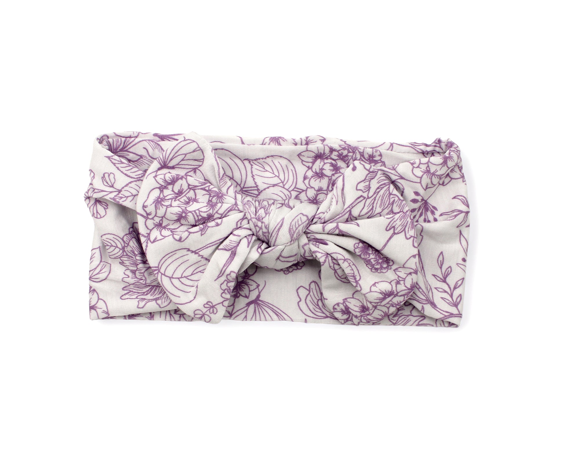 Shae & Palmer baby headband in the Botanical Amethyst Purple print made from ultra-soft bamboo fabric.